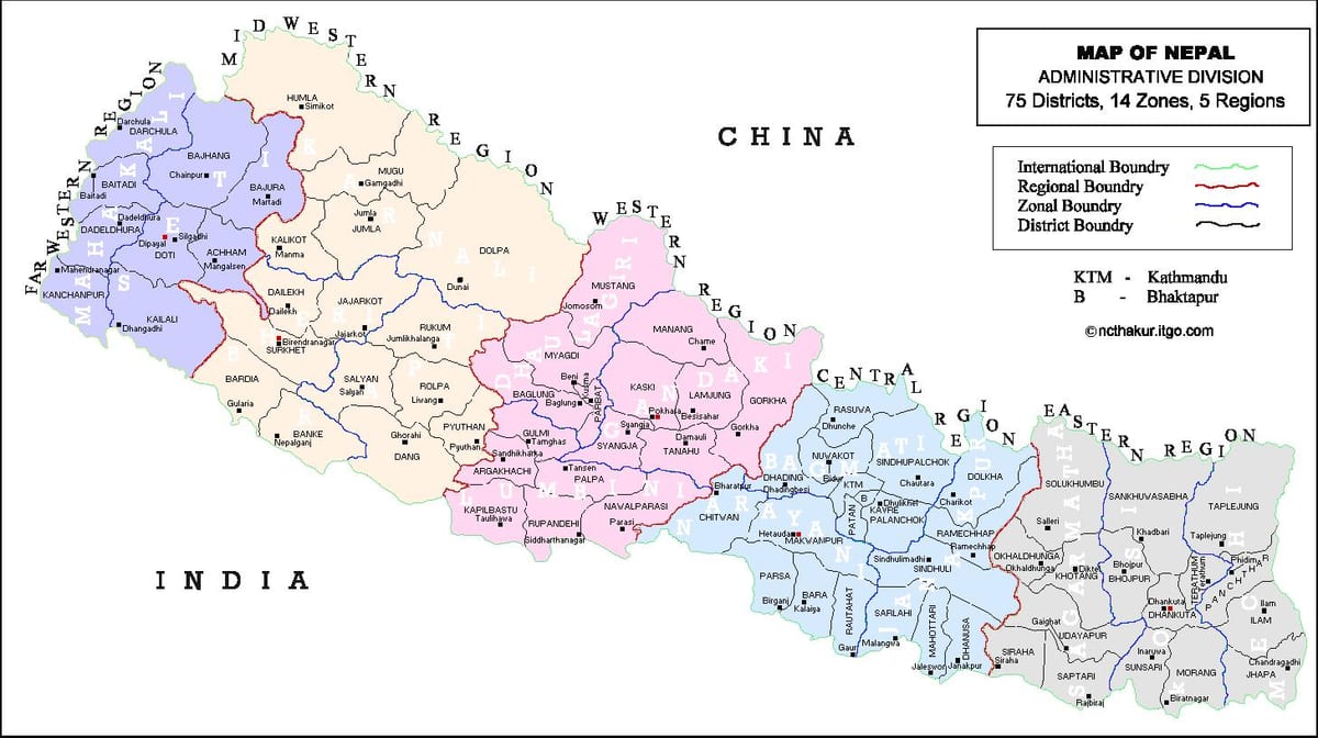 карта Непала з 75 раён